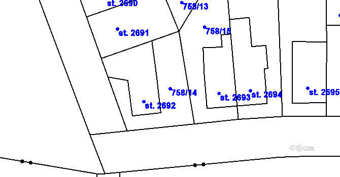 Parcela st. 758/14 v KÚ Pardubice, Katastrální mapa