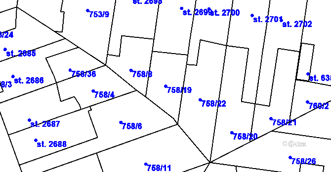 Parcela st. 758/19 v KÚ Pardubice, Katastrální mapa