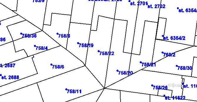 Parcela st. 758/22 v KÚ Pardubice, Katastrální mapa