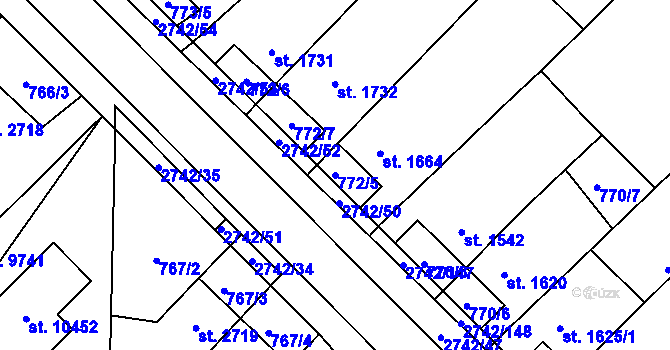 Parcela st. 772/5 v KÚ Pardubice, Katastrální mapa