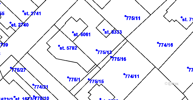 Parcela st. 775/13 v KÚ Pardubice, Katastrální mapa