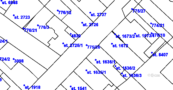 Parcela st. 775/26 v KÚ Pardubice, Katastrální mapa