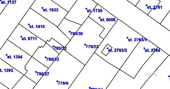 Parcela st. 779/22 v KÚ Pardubice, Katastrální mapa