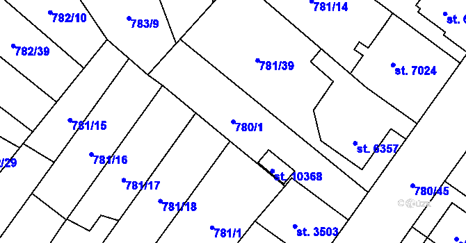 Parcela st. 780/1 v KÚ Pardubice, Katastrální mapa