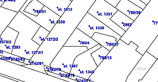 Parcela st. 780/4 v KÚ Pardubice, Katastrální mapa