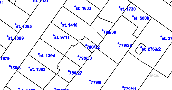 Parcela st. 780/32 v KÚ Pardubice, Katastrální mapa