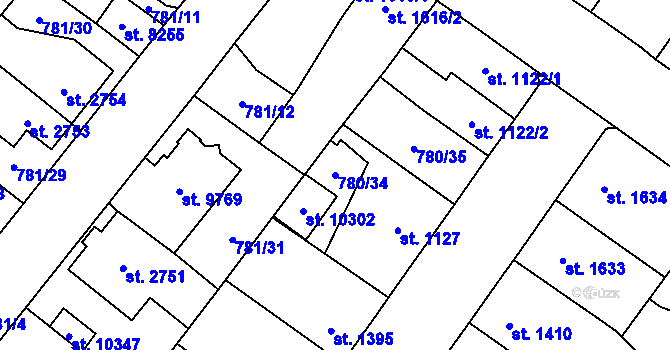 Parcela st. 780/34 v KÚ Pardubice, Katastrální mapa
