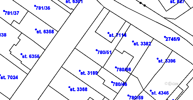 Parcela st. 780/51 v KÚ Pardubice, Katastrální mapa