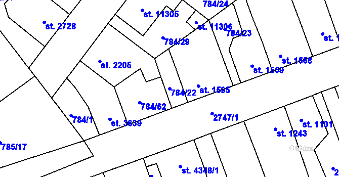 Parcela st. 784/22 v KÚ Pardubice, Katastrální mapa