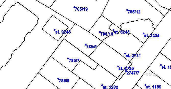 Parcela st. 785/9 v KÚ Pardubice, Katastrální mapa