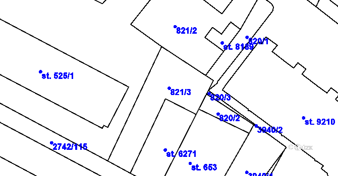 Parcela st. 821/3 v KÚ Pardubice, Katastrální mapa