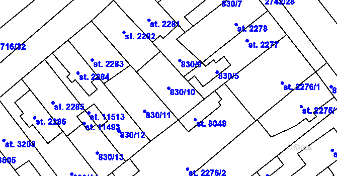 Parcela st. 830/10 v KÚ Pardubice, Katastrální mapa