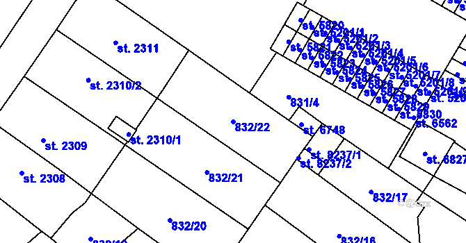 Parcela st. 832/22 v KÚ Pardubice, Katastrální mapa