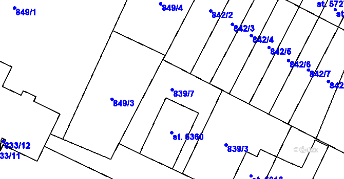 Parcela st. 839/7 v KÚ Pardubice, Katastrální mapa