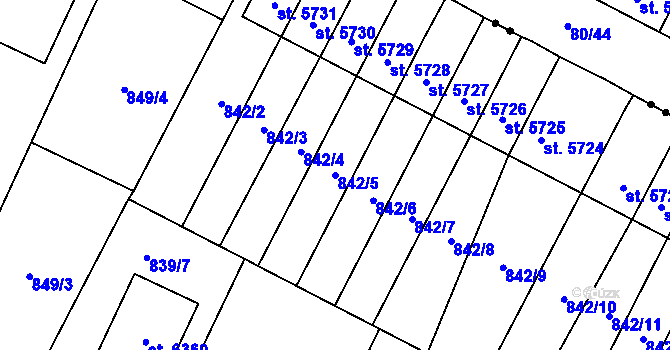 Parcela st. 842/5 v KÚ Pardubice, Katastrální mapa