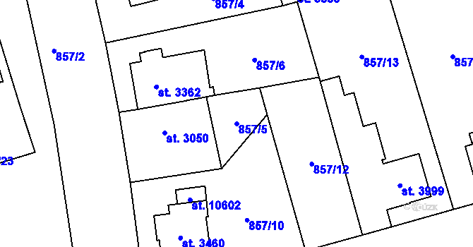 Parcela st. 857/5 v KÚ Pardubice, Katastrální mapa