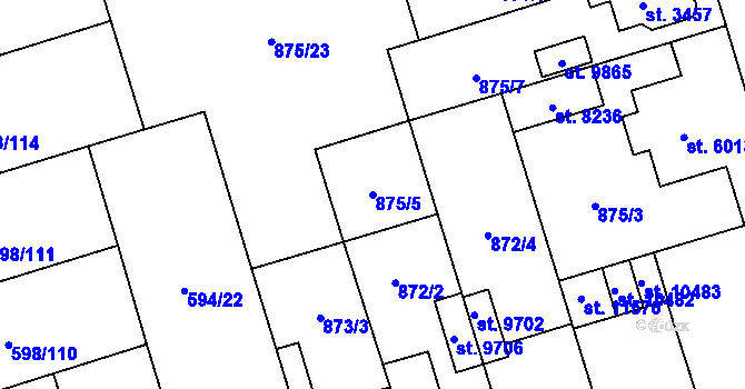 Parcela st. 875/5 v KÚ Pardubice, Katastrální mapa