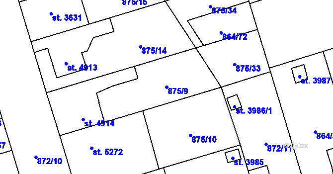 Parcela st. 875/9 v KÚ Pardubice, Katastrální mapa