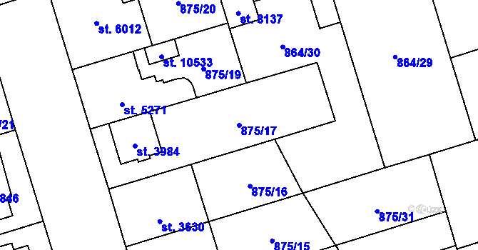 Parcela st. 875/17 v KÚ Pardubice, Katastrální mapa