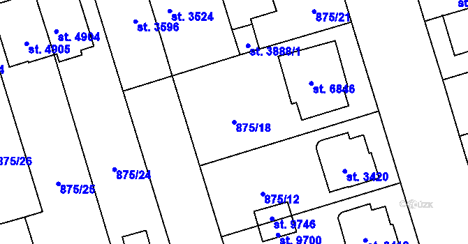 Parcela st. 875/18 v KÚ Pardubice, Katastrální mapa