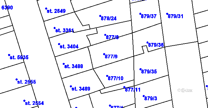 Parcela st. 877/9 v KÚ Pardubice, Katastrální mapa