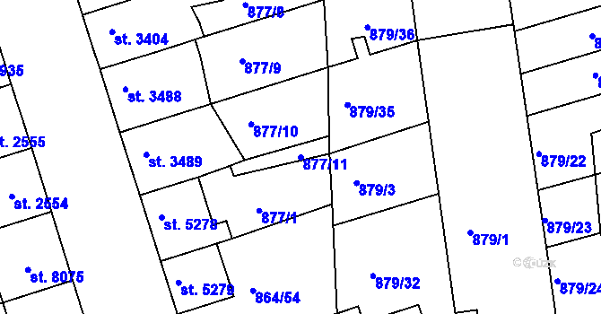 Parcela st. 877/11 v KÚ Pardubice, Katastrální mapa