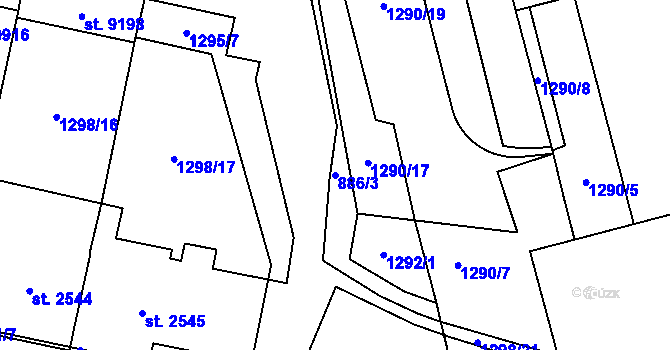 Parcela st. 886/3 v KÚ Pardubice, Katastrální mapa