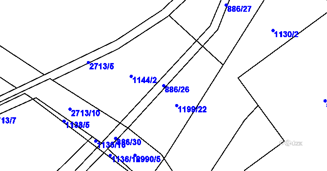 Parcela st. 886/26 v KÚ Pardubice, Katastrální mapa