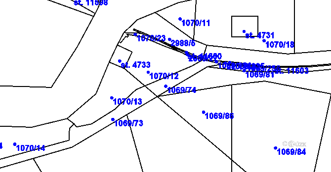Parcela st. 1069/74 v KÚ Pardubice, Katastrální mapa