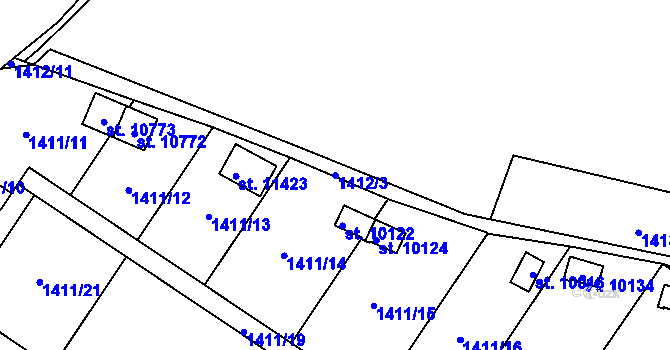 Parcela st. 1412/3 v KÚ Pardubice, Katastrální mapa