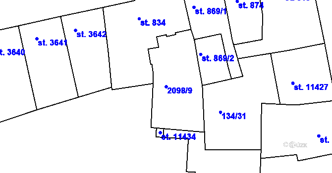 Parcela st. 2098/9 v KÚ Pardubice, Katastrální mapa