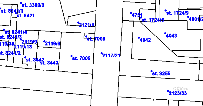 Parcela st. 2117/21 v KÚ Pardubice, Katastrální mapa