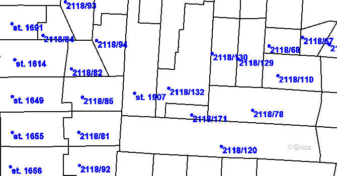Parcela st. 2118/132 v KÚ Pardubice, Katastrální mapa