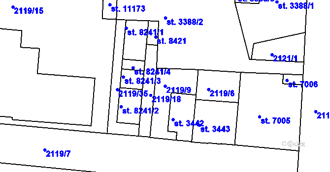 Parcela st. 2119/9 v KÚ Pardubice, Katastrální mapa
