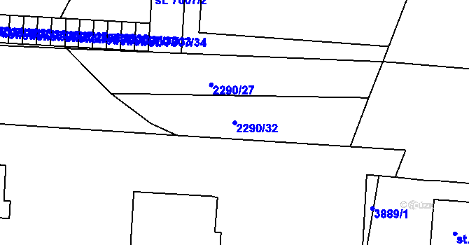 Parcela st. 2290/32 v KÚ Pardubice, Katastrální mapa