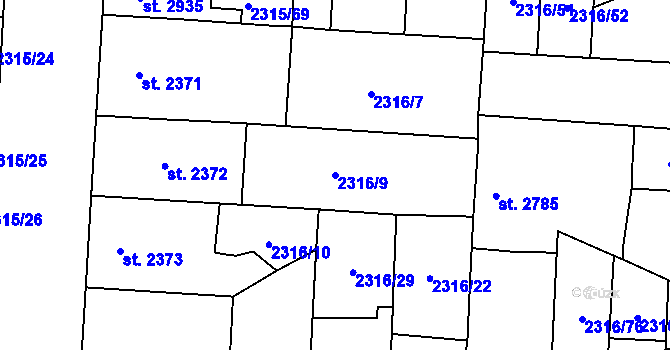 Parcela st. 2316/9 v KÚ Pardubice, Katastrální mapa