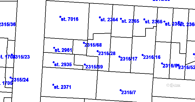 Parcela st. 2316/28 v KÚ Pardubice, Katastrální mapa