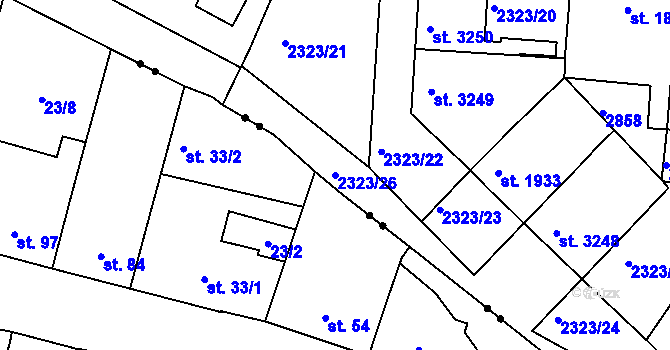 Parcela st. 2323/26 v KÚ Pardubice, Katastrální mapa
