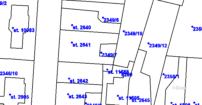 Parcela st. 2349/7 v KÚ Pardubice, Katastrální mapa