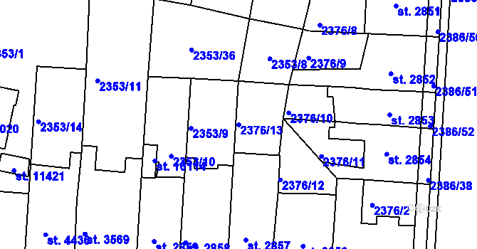 Parcela st. 2376/13 v KÚ Pardubice, Katastrální mapa