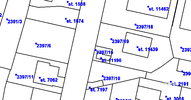 Parcela st. 2397/15 v KÚ Pardubice, Katastrální mapa