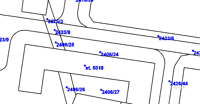 Parcela st. 2406/24 v KÚ Pardubice, Katastrální mapa