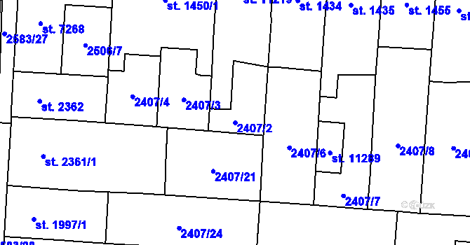 Parcela st. 2407/2 v KÚ Pardubice, Katastrální mapa