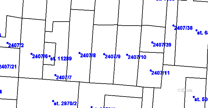 Parcela st. 2407/9 v KÚ Pardubice, Katastrální mapa