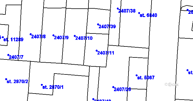 Parcela st. 2407/11 v KÚ Pardubice, Katastrální mapa