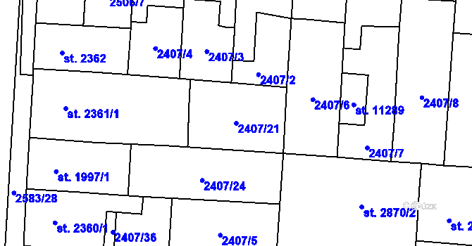Parcela st. 2407/21 v KÚ Pardubice, Katastrální mapa