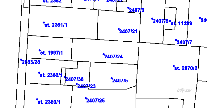 Parcela st. 2407/24 v KÚ Pardubice, Katastrální mapa