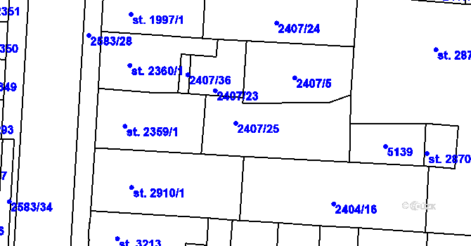 Parcela st. 2407/25 v KÚ Pardubice, Katastrální mapa