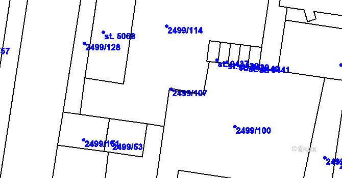 Parcela st. 2499/107 v KÚ Pardubice, Katastrální mapa