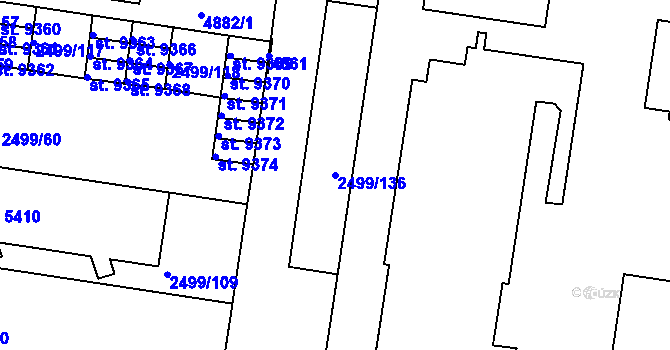 Parcela st. 2499/136 v KÚ Pardubice, Katastrální mapa